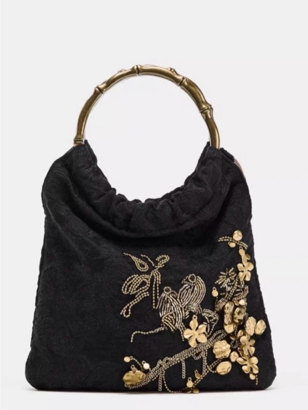 Zara Embroidered Ornate Mini Bucket Bag Floral Birds Embroidery Metallic Appliq